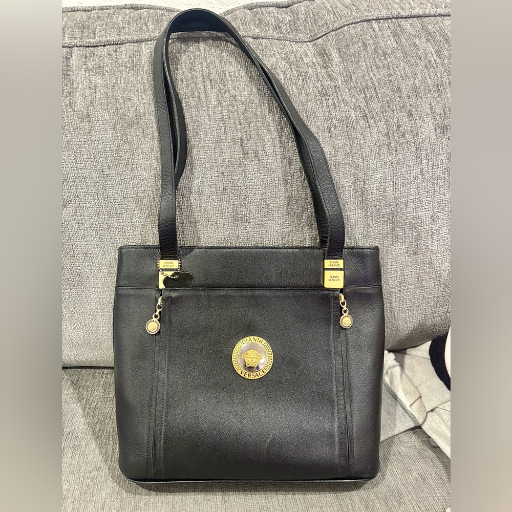 Vintage Gianni Versace Black Leather Medusa Tote Bag – Made in Italy – Authentic